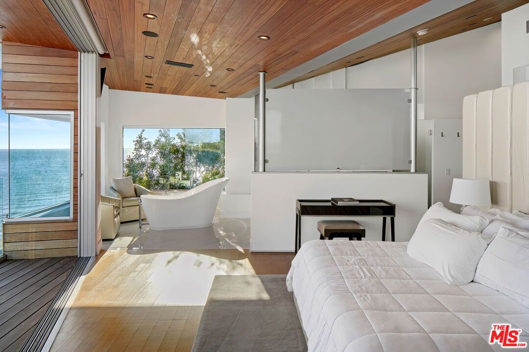 Bedroom, Interior, Recessed Lighting, Water, Wooden Ceilings, Wood Texture Flooring
