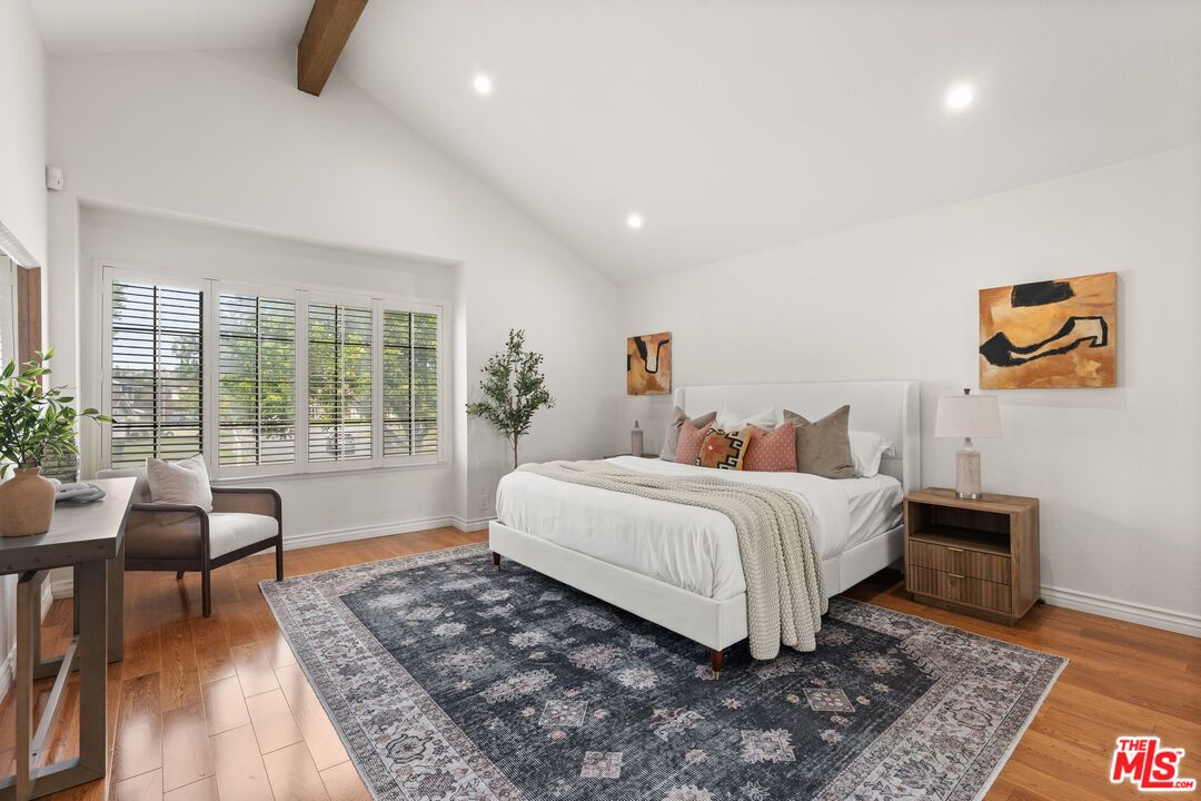 Bedroom, Interior, Recessed Lighting, Wooden Beams, Wood Texture Flooring