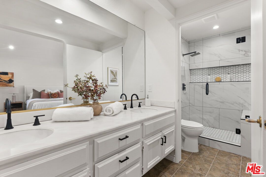 Bathroom, Bedroom, Dual Sink Vanities, Glass Shower, Interior, Marble Walls, Recessed Lighting