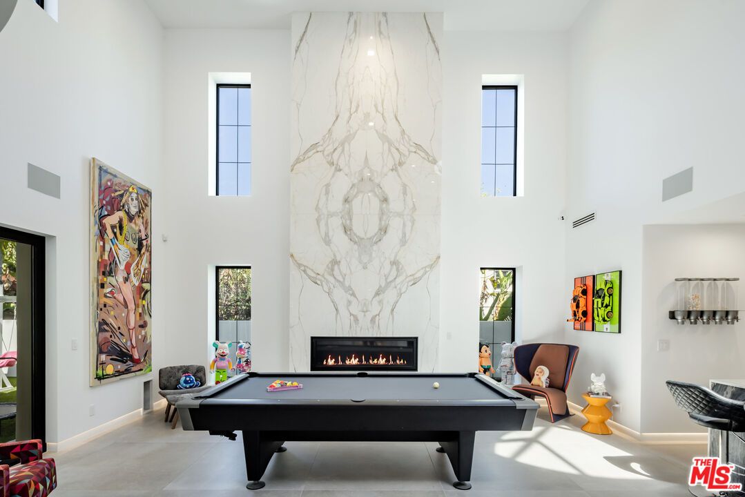 Billiard Table, Fireplace, Game Room, Interior, Marble Walls