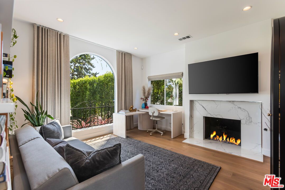 Fireplace, Home Office, Interior, Living room, Recessed Lighting, Wood Texture Flooring