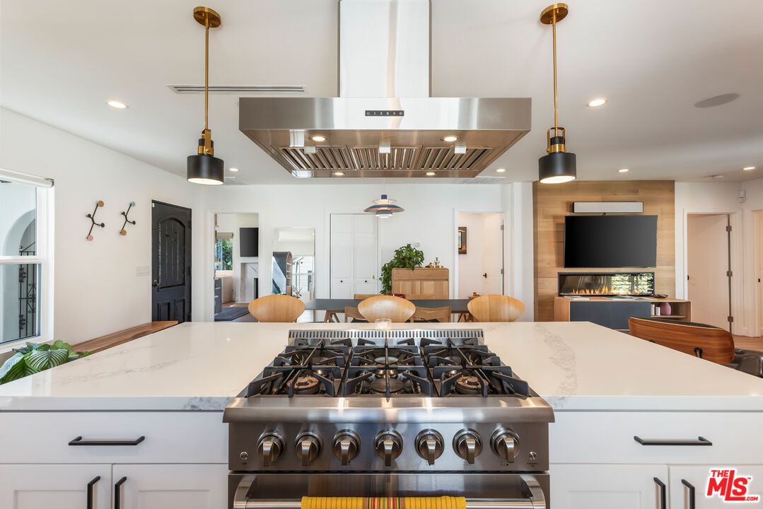 Fireplace, Interior, Kitchen, Pendant Lights, Recessed Lighting, Stainless Steel Appliances