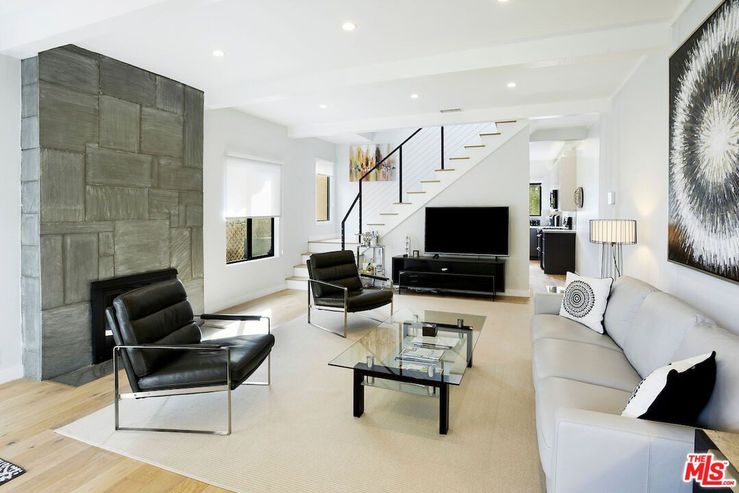 Interior, Living room, Recessed Lighting, Stone Walls, Wood Texture Flooring