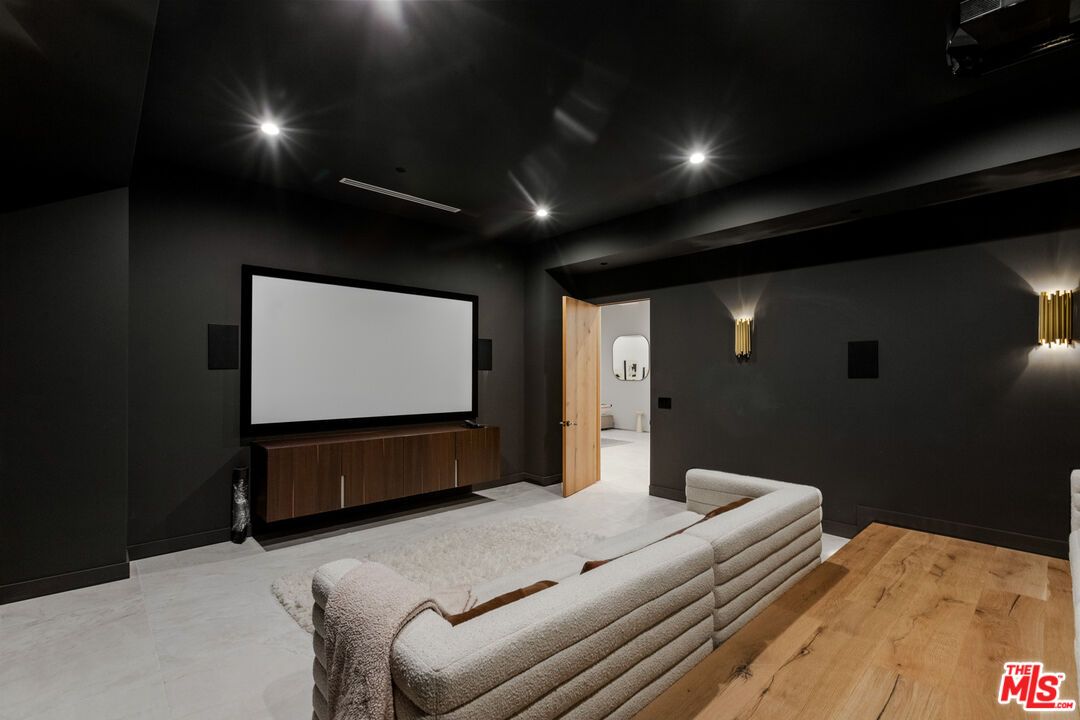 Interior, Projection Screen, Recessed Lighting, Theatre Room, Wood Texture Flooring