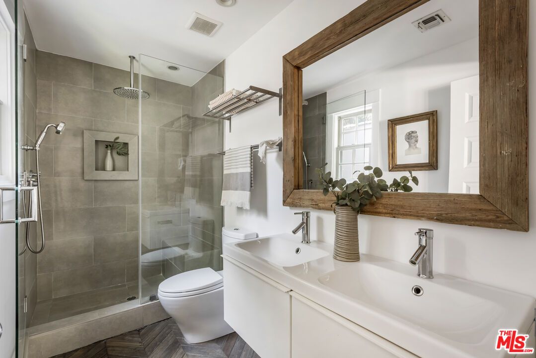 Bathroom, Glass Shower, Interior, Wood Texture Flooring