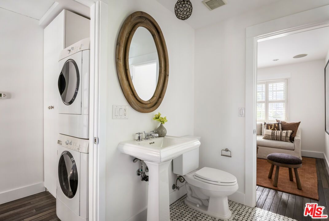 Bathroom, Interior, Recessed Lighting, Utility Closets, Washer, Wood Texture Flooring