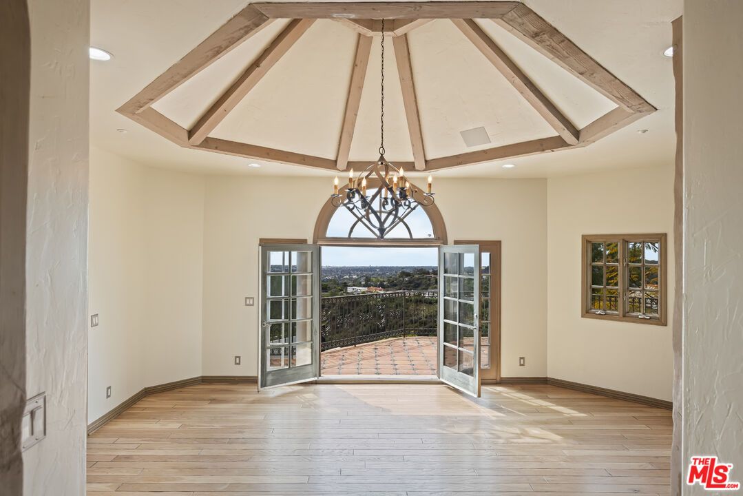 Chandelier, Empty room, Interior, Pendant Lights, Recessed Lighting, Wooden Beams, Wood Texture Flooring