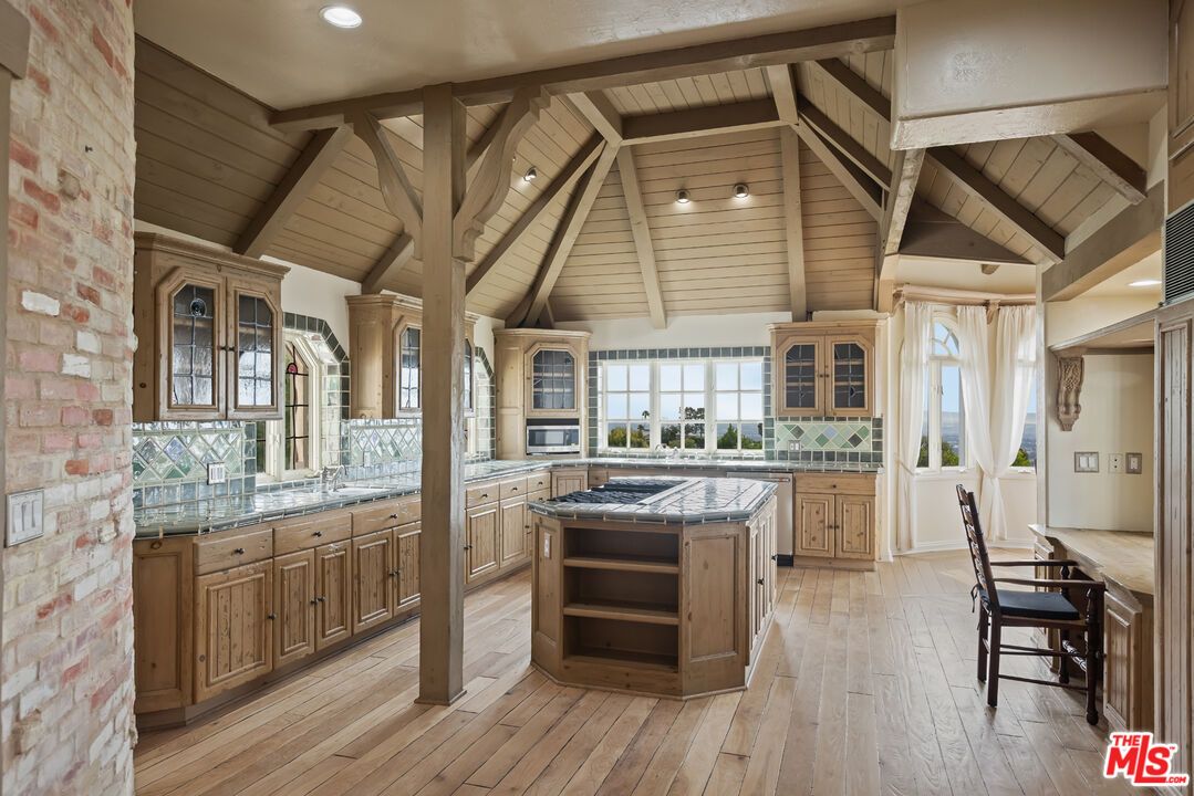 Interior, Kitchen, Recessed Lighting, Stone Walls, Tile Countertops, Wooden Ceilings, Wood Texture Flooring