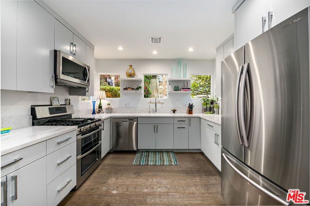 Interior, Kitchen, Recessed Lighting, Stainless Steel Appliances, Wood Texture Flooring