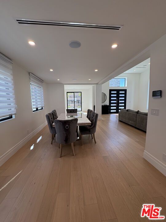 Dining room, Interior, Recessed Lighting, Wood Texture Flooring