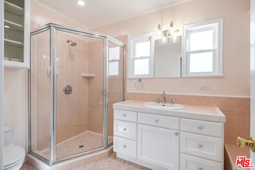 Bathroom, Glass Shower, Interior, Recessed Lighting, Tile Countertops