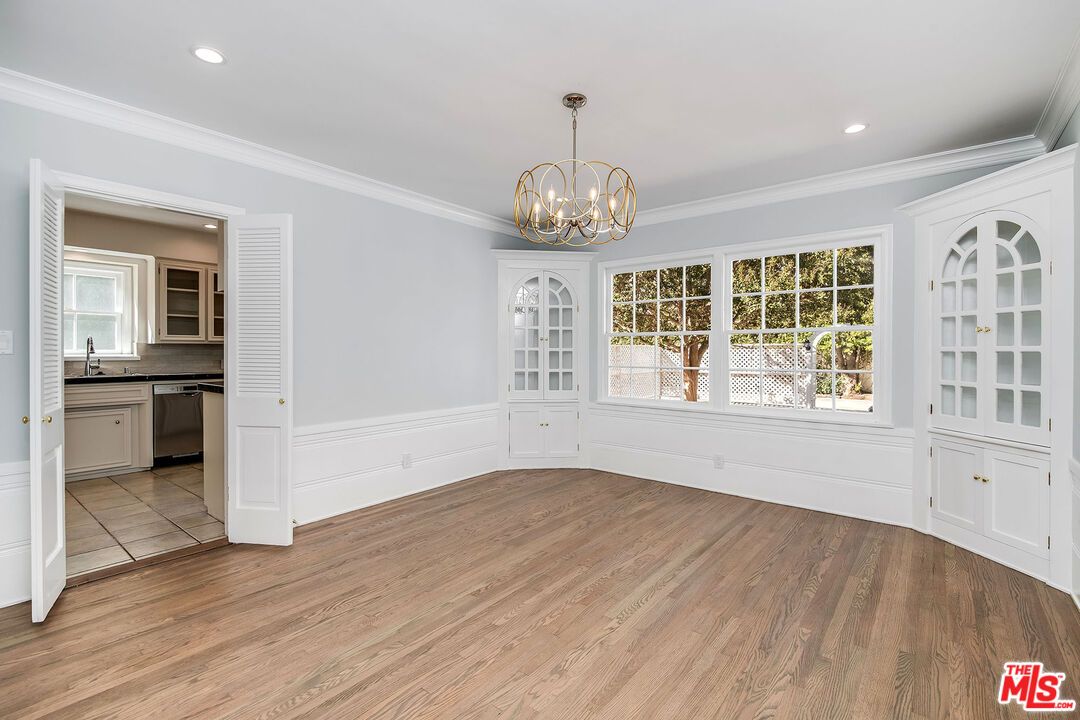 Chandelier, Empty room, Interior, Kitchen, Recessed Lighting, Wood Texture Flooring
