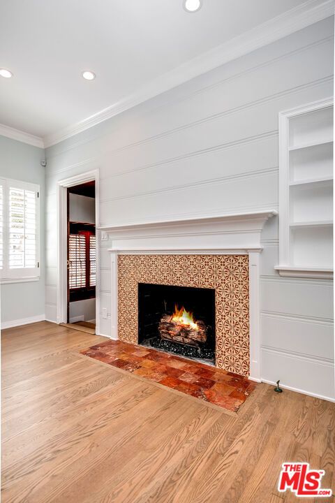 Empty room, Fireplace, Interior, Recessed Lighting, Wood Texture Flooring