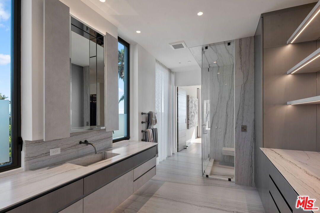 Bathroom, Glass Shower, Interior, Marble Walls, Recessed Lighting