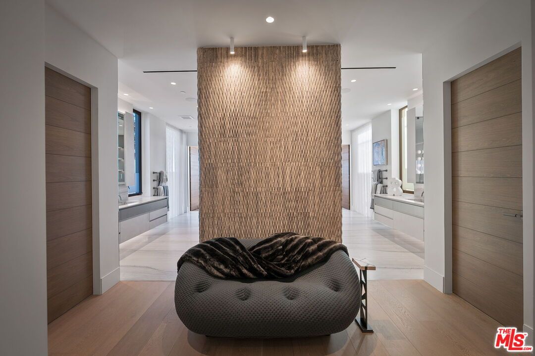 Bathroom, Interior, Marble, Recessed Lighting, Wood Texture Flooring, Wooden Walls