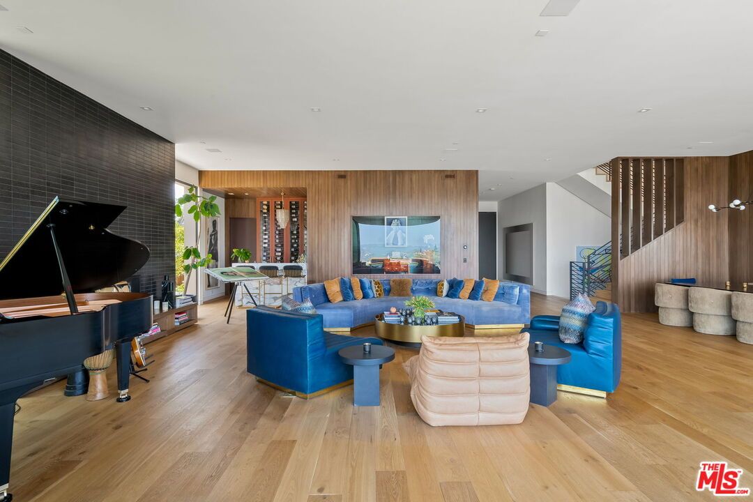 Dining room, Interior, Living room, Piano, Recessed Lighting, Wood Texture Flooring, Wooden Walls