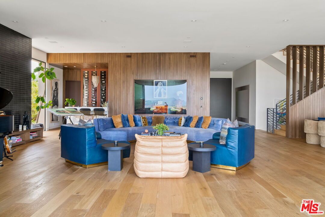 Fireplace, Interior, Living room, Recessed Lighting, Wood Texture Flooring, Wooden Walls