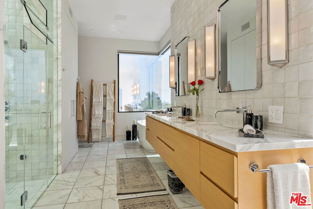 Bathroom, Dual Sink Vanities, Glass Shower, Interior, Marble, Recessed Lighting