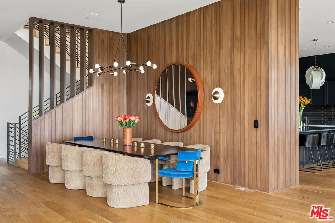 Dining room, Interior, Pendant Lights, Wood Texture Flooring, Wooden Walls