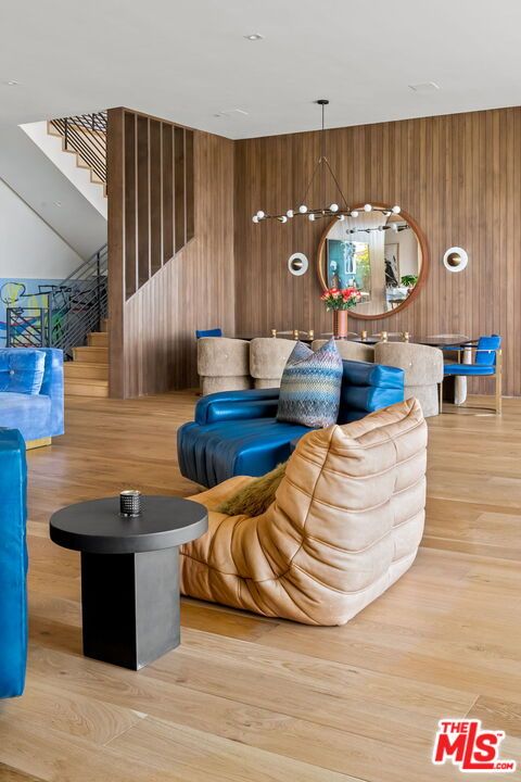 Interior, Living room, Pendant Lights, Recessed Lighting, Wood Texture Flooring, Wooden Walls