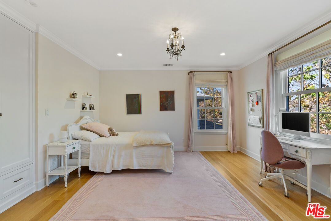 Bedroom, Chandelier, Home Office, Interior, Recessed Lighting, Wood Texture Flooring