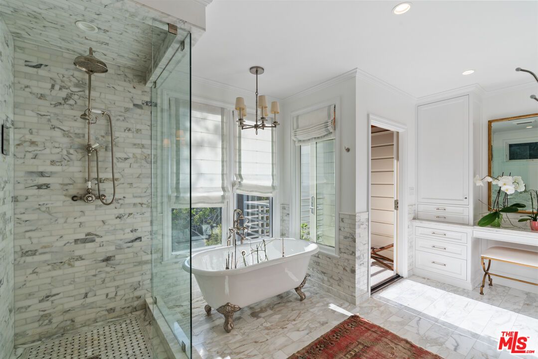 Bathroom, Free Standing Baths, Glass Shower, Interior, Marble, Marble Walls, Pendant Lights, Recessed Lighting