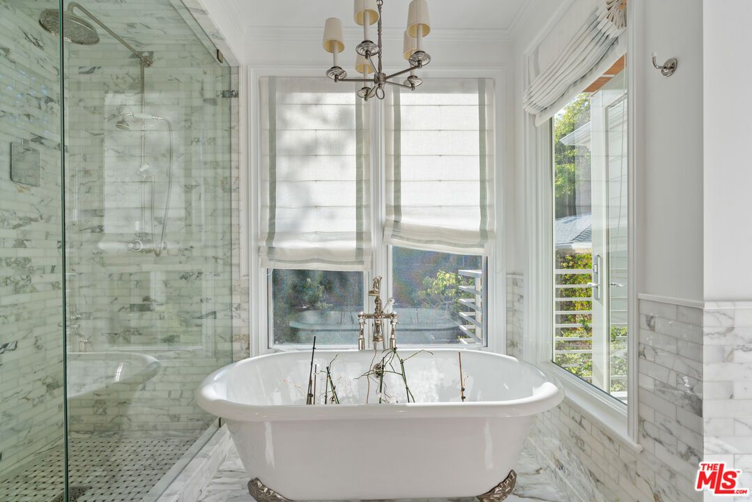 Bathroom, Free Standing Baths, Glass Shower, Interior, Marble, Marble Walls, Pendant Lights