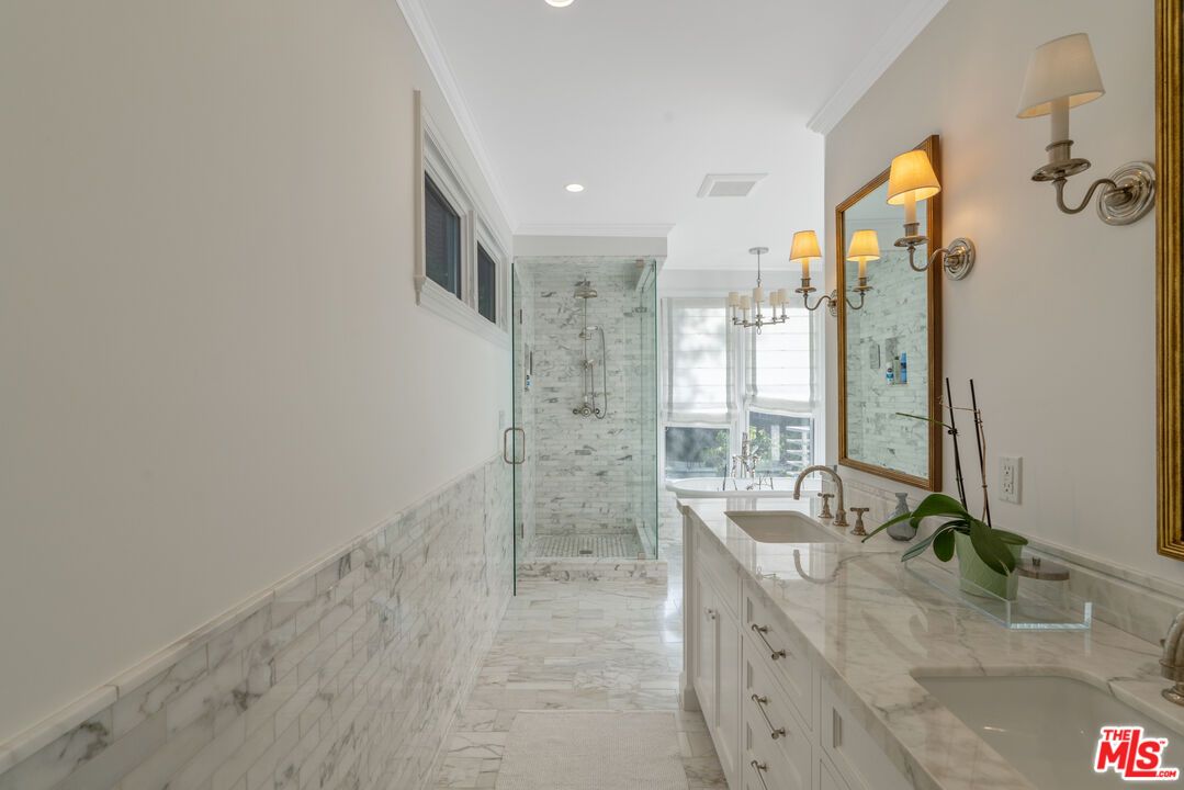 Bathroom, Dual Sink Vanities, Glass Shower, Interior, Marble, Recessed Lighting