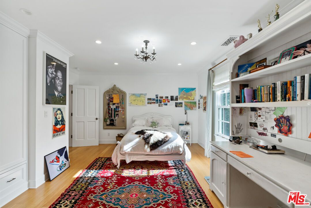 Bedroom, Chandelier, Interior, Recessed Lighting, Wood Texture Flooring