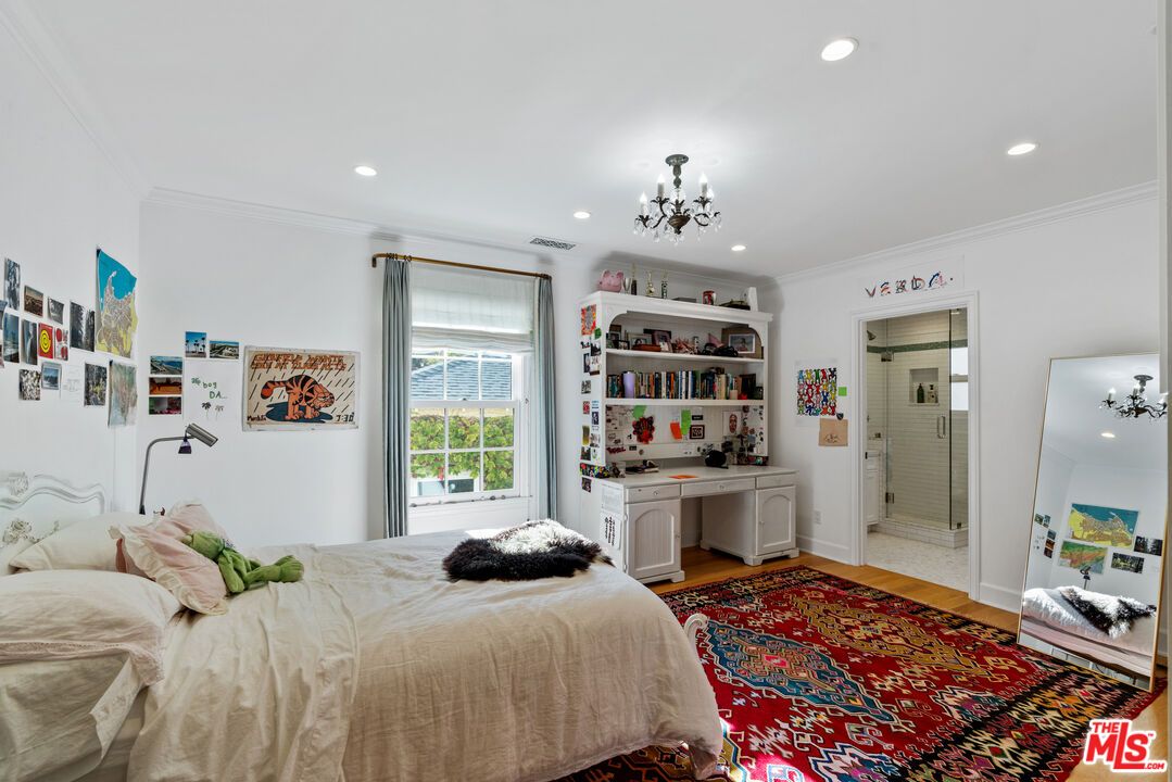 Bedroom, Chandelier, Interior, Recessed Lighting, Wood Texture Flooring