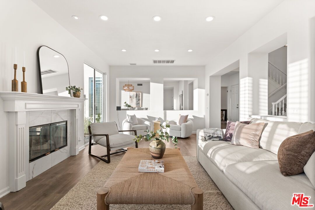 Fireplace, Interior, Living room, Recessed Lighting, Wood Texture Flooring
