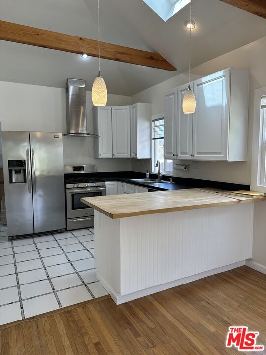 Interior, Kitchen, Pendant Lights, Recessed Lighting, Stainless Steel Appliances, Wooden Beams, Wood Texture Flooring