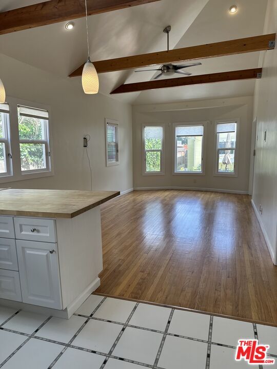 Empty room, Interior, Pendant Lights, Recessed Lighting, Wooden Beams, Wood Texture Flooring