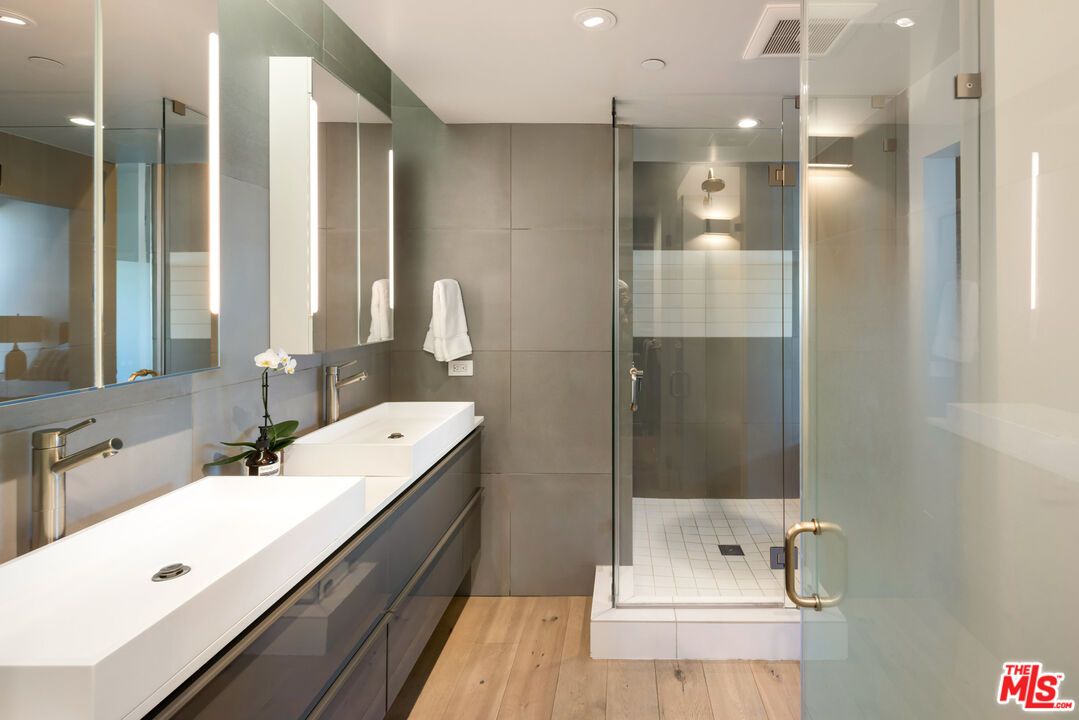 Bathroom, Glass Shower, Interior, Recessed Lighting, Wood Texture Flooring