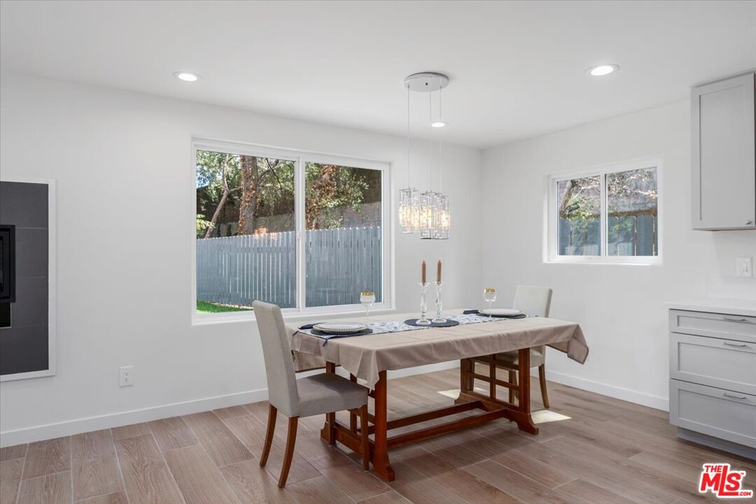 Dining room, Interior, Pendant Lights, Recessed Lighting, Wood Texture Flooring