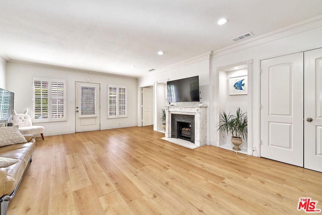 Empty room, Fireplace, Interior, Recessed Lighting, Wood Texture Flooring