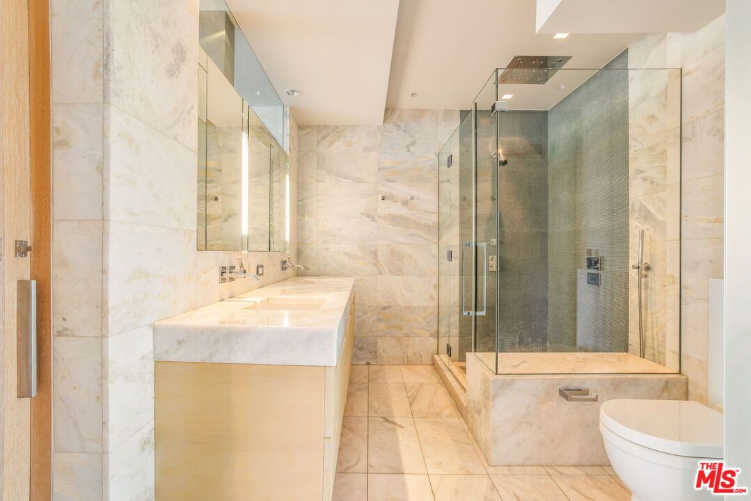 Bathroom, Glass Shower, Interior, Marble Walls, Recessed Lighting