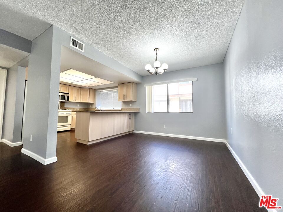 Chandelier, Empty room, Interior, Kitchen, Stainless Steel Appliances, Wood Texture Flooring