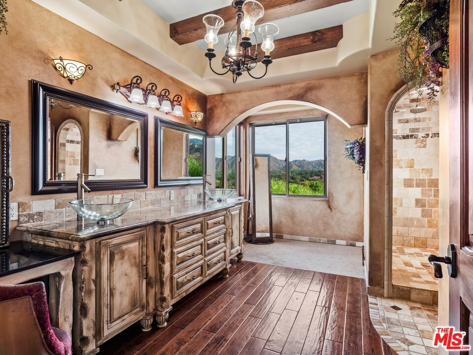 Bathroom, Chandelier, Dual Sink Vanities, Interior, Wooden Beams, Wood Texture Flooring