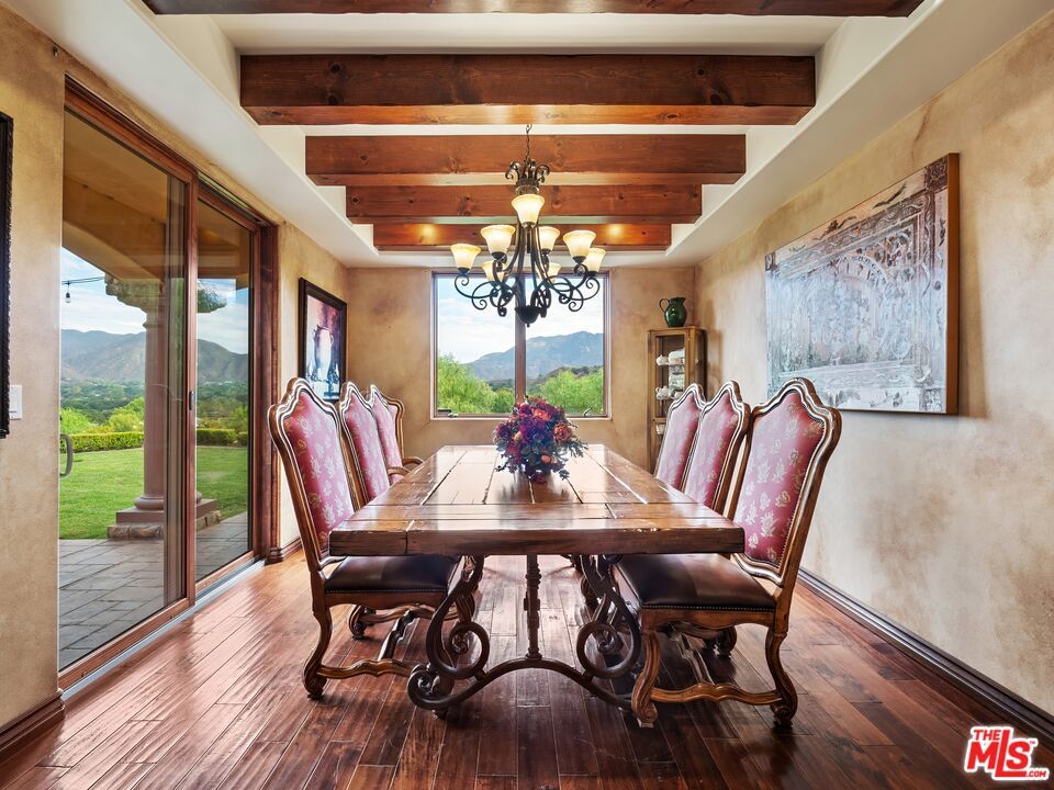 Chandelier, Dining room, Interior, Wooden Beams, Wood Texture Flooring