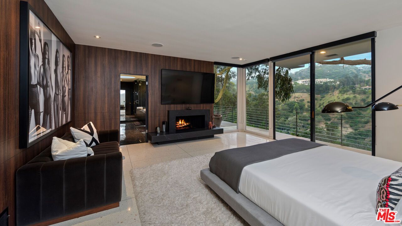 Bedroom, Fireplace, Interior, Recessed Lighting, Wooden Walls
