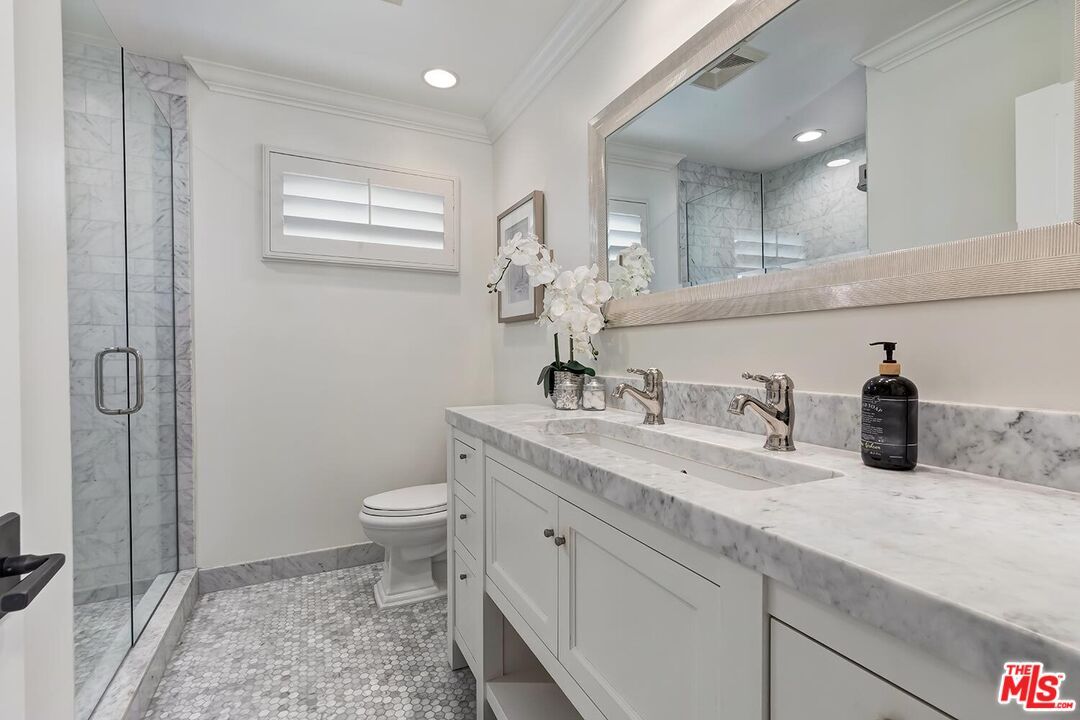 Bathroom, Glass Shower, Interior, Marble Walls, Recessed Lighting