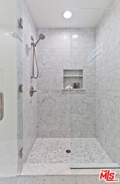 Bathroom, Glass Shower, Interior, Marble Walls, Recessed Lighting