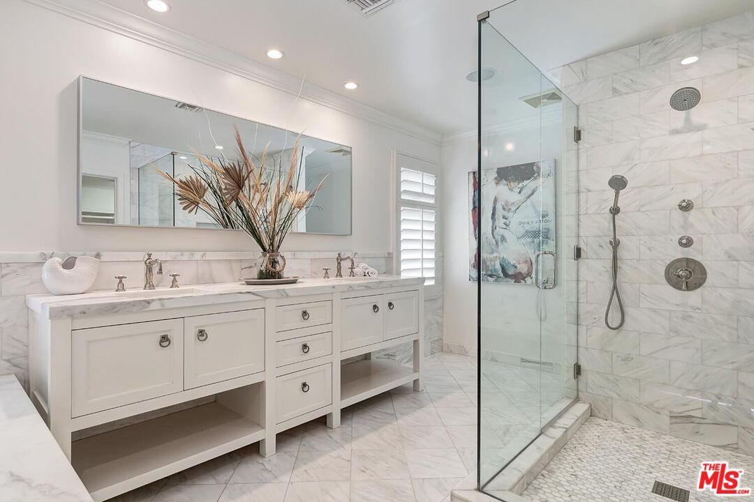 Bathroom, Dual Sink Vanities, Glass Shower, Interior, Marble, Marble Walls, Recessed Lighting