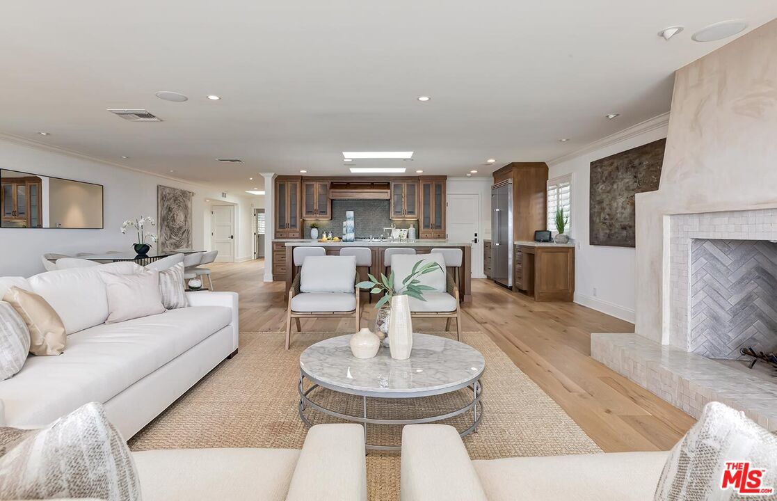 Dining room, Fireplace, Interior, Kitchen, Living room, Recessed Lighting, Wood Texture Flooring