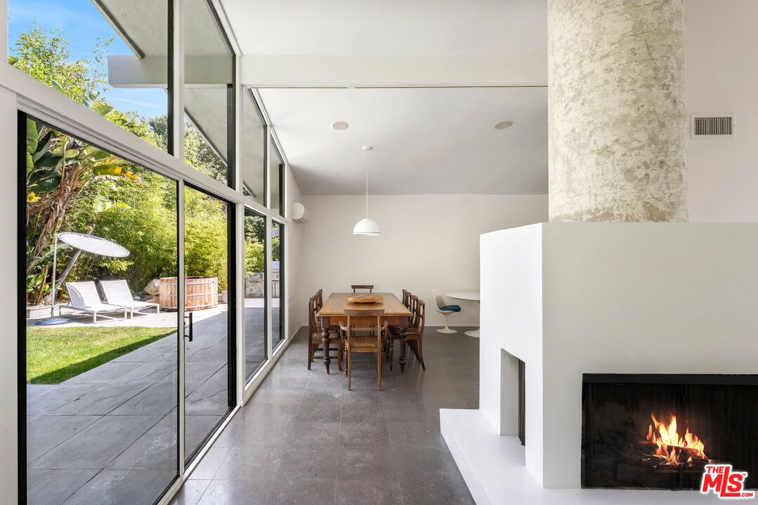 Dining room, Fireplace, Interior, Pendant Lights