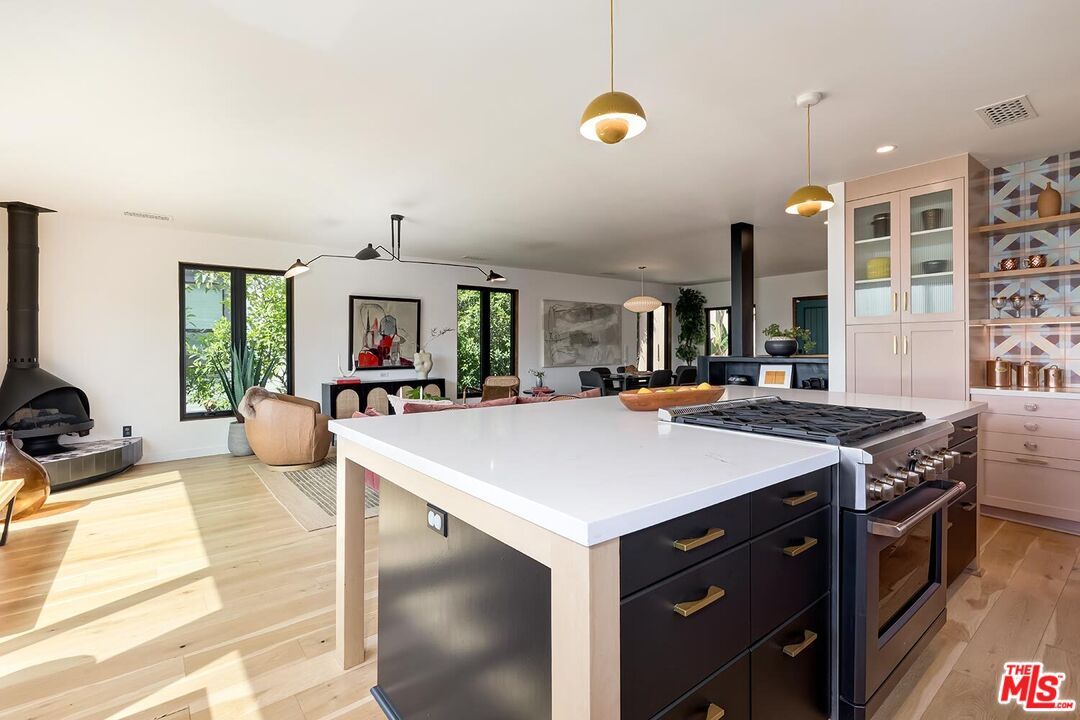 Dining room, Fireplace, Interior, Kitchen, Pendant Lights, Recessed Lighting, Wood Texture Flooring