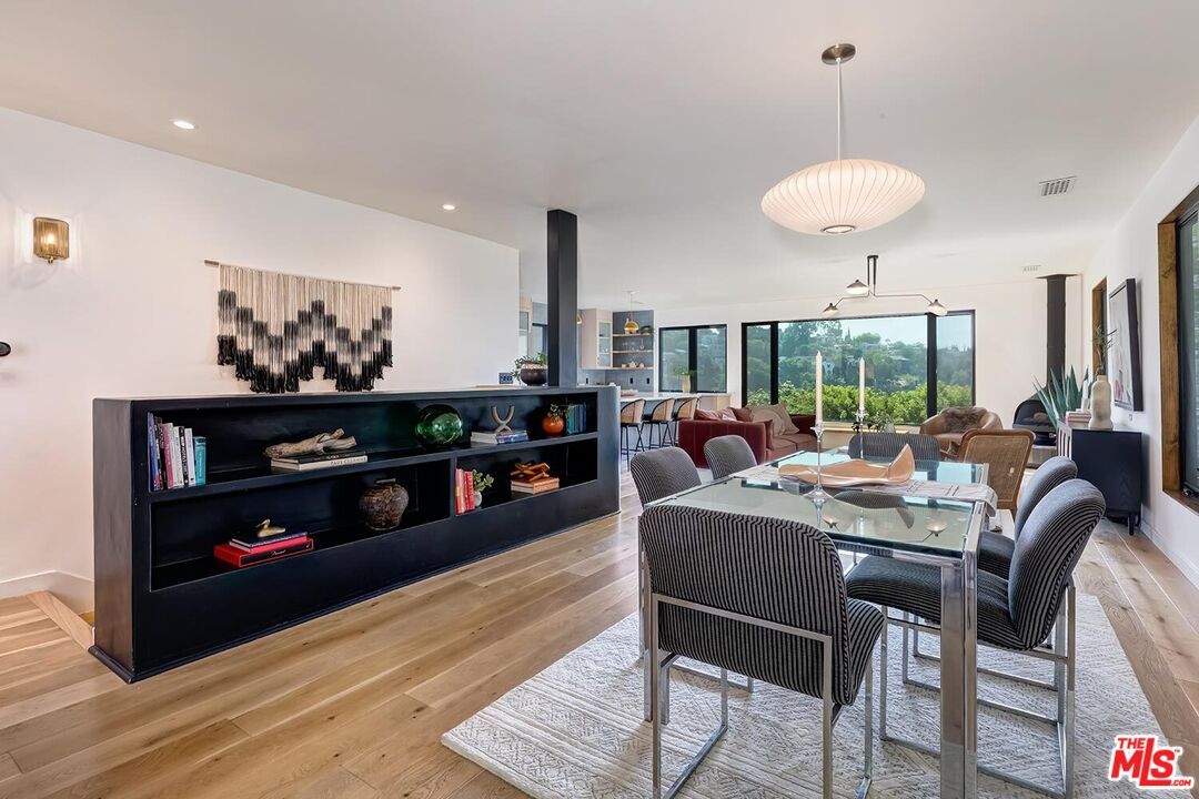 Dining room, Fireplace, Interior, Pendant Lights, Recessed Lighting, Wood Texture Flooring
