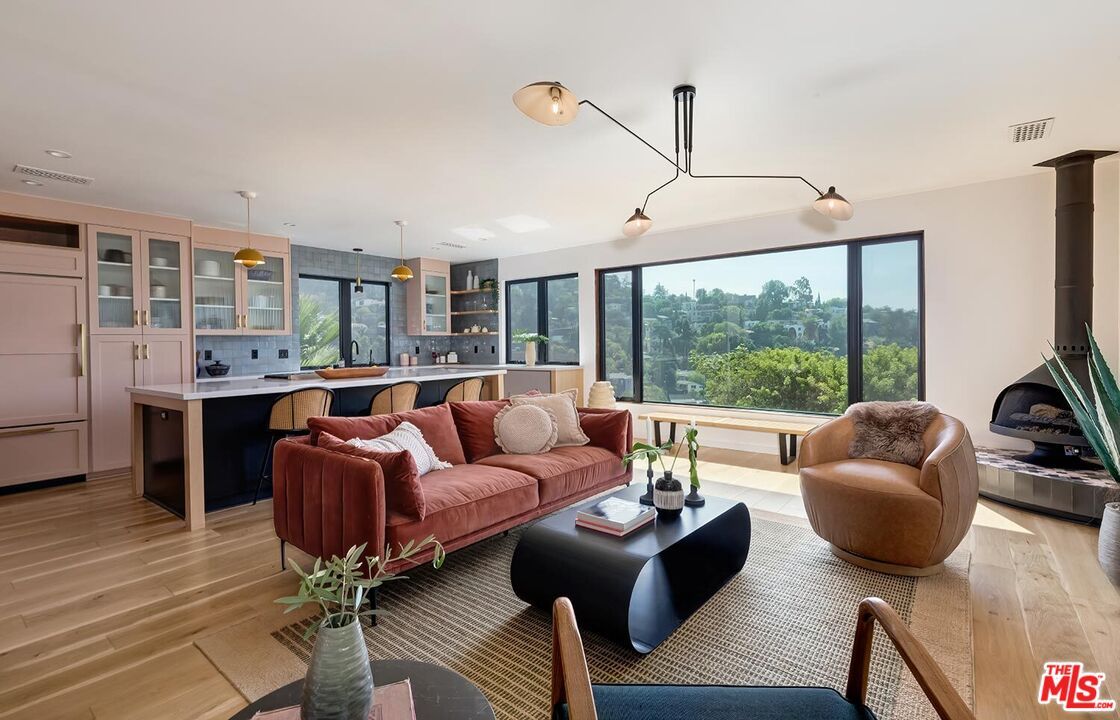Fireplace, Interior, Kitchen, Living room, Pendant Lights, Wood Texture Flooring