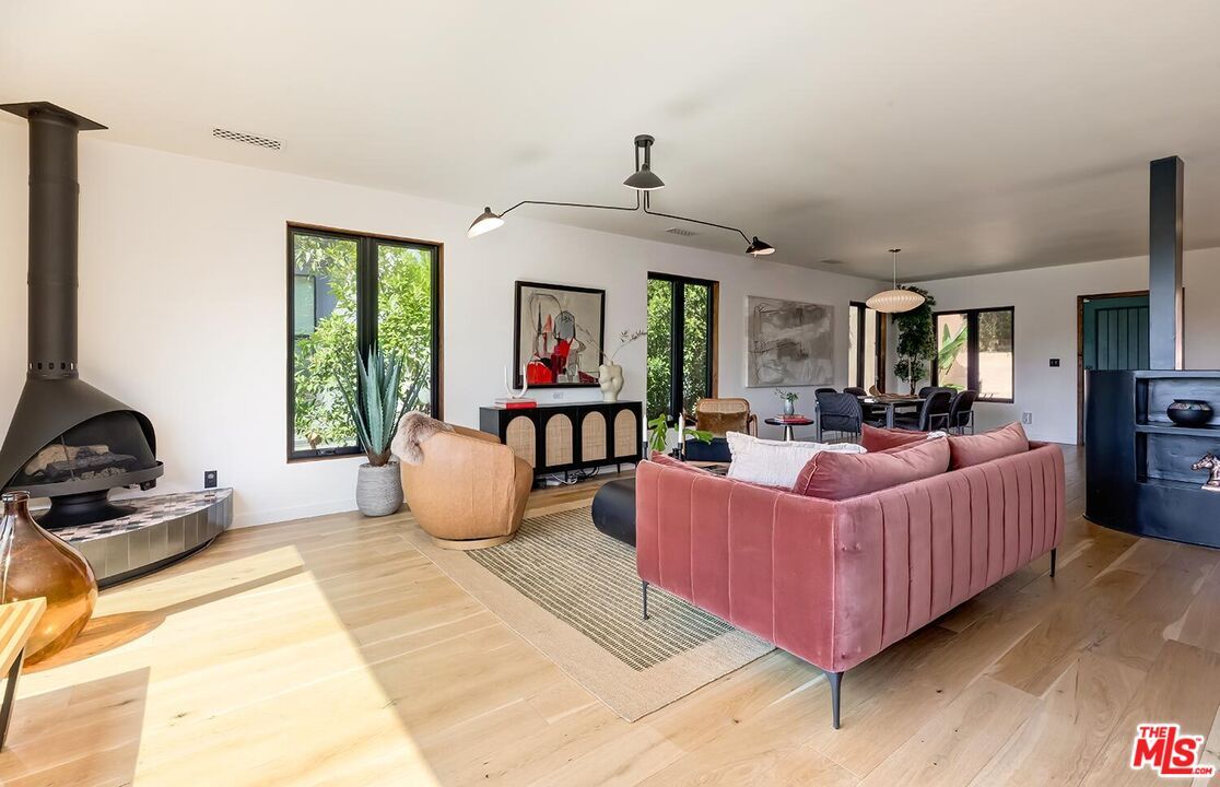 Dining room, Fireplace, Interior, Living room, Pendant Lights, Wood Texture Flooring